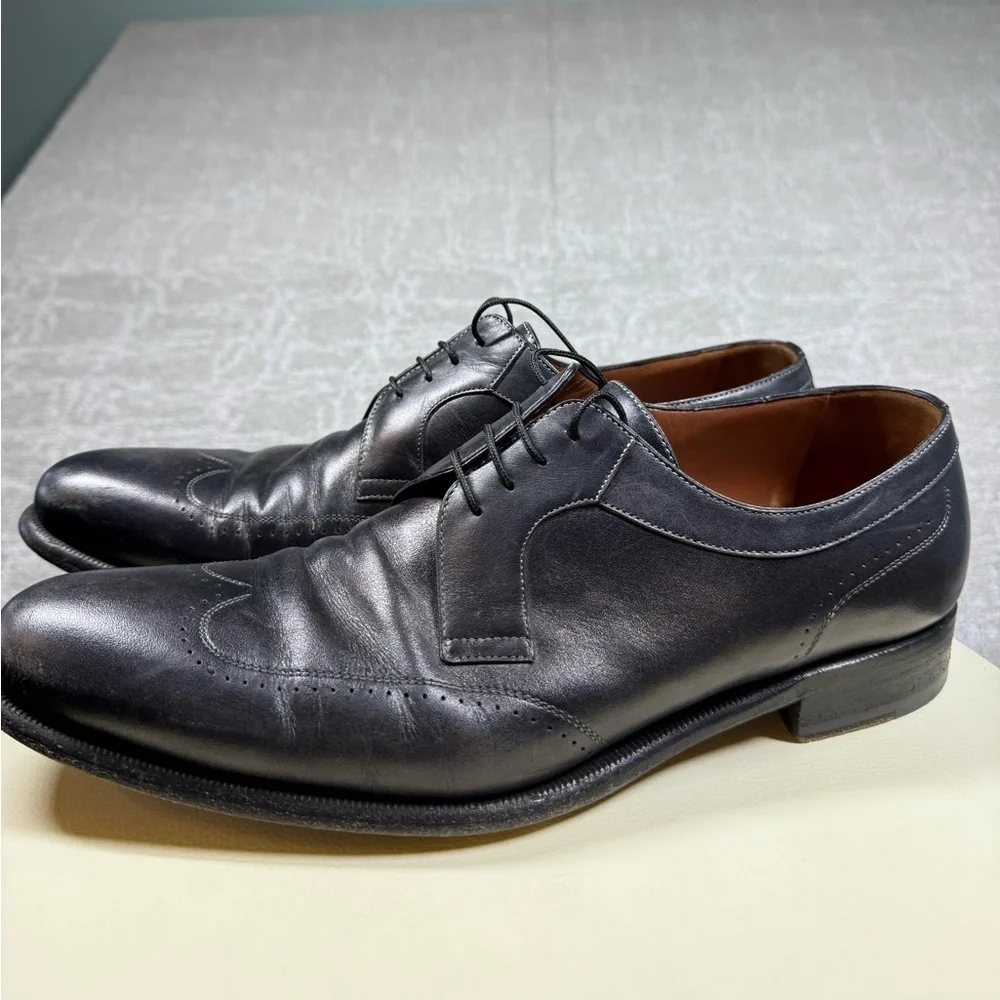 A Testoni Black Leather Wintip Lace Up Dress Shoe Mens Size 10.5